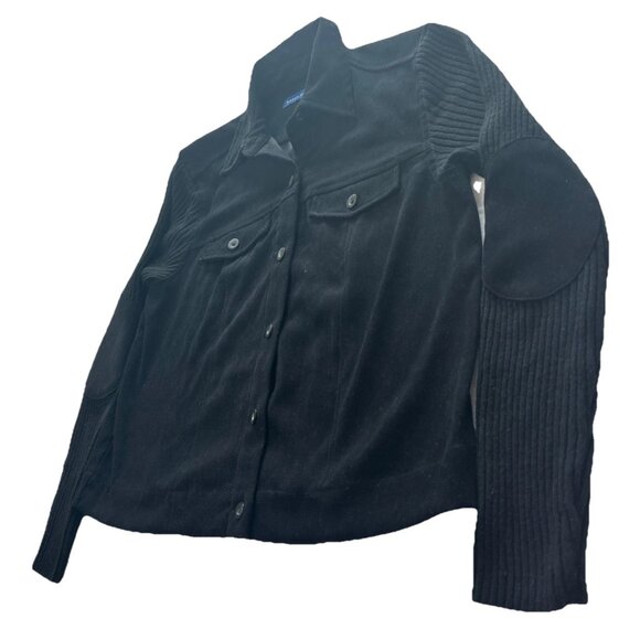 Women's Long Sleeve Black Sweater Top Button Up Rib Knit Sz Small Elbow Patches - Picture 1 of 16